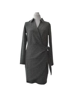 Michael Kors Silver Metallic Faux Wrap Dress M Black Shimmer Cocktail Holiday